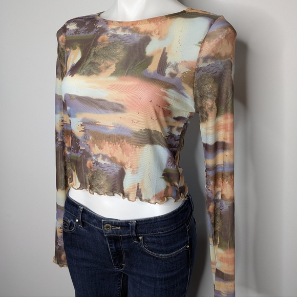 Green Orange Mesh Abstract Nature Long Sleeve Crop Top M - Picture 2 of 7